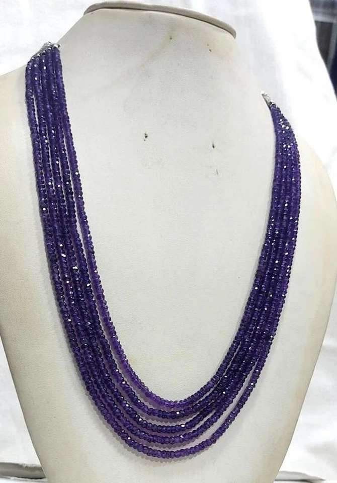Natural 3-4MM Amethyst 5 Strand Faceted  Rondelle Gemstone Beaded Necklaces 18'' - Image 1 of 4