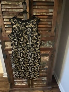 Talbots Black Dress Gold Embroidery Sheath 14 Wedding Guest Holiday Sleeveless - Picture 1 of 3