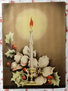 Tarjeta de felicitación de Navidad vintage de los años 30 vela de marfil en llamas, rosas de Navidad y acebo - Imagen 1 de 5
