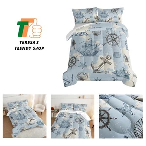 Anchor Nautical Bedding Kids Comforter Set Twin Size,Compass Whale Sailing Sh... - Picture 1 of 8