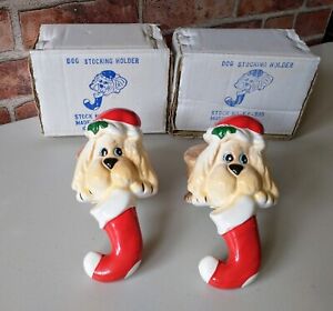 1985 Puppy Dog Stocking Holder SET Of 2 W/ Original Box Made In Taiwan Holiday