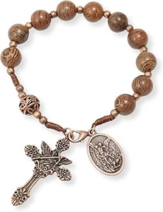 Antiguo brazalete rosario de una década con cuentas de madera de bronce medalla de San Miguel coronilla - Imagen 1 de 7