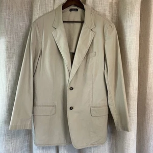 LL Bean Mens Cotton Sport Coat 46R Khaki Safari Canvas Flap Pockets 2 Buttons - Picture 1 of 13