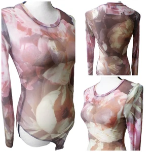 Y2k Express Bodysuit XS Mesh sheer Big Flowers long sleeve Sexy New Mauve brown - Picture 1 of 13