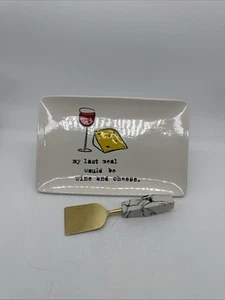 Cheese and Crackers Ceramic Pottery Plate With Brass Cheese Slicer - Picture 1 of 7