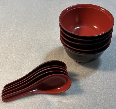 5 Sets Asian/Japanese Style Melamine RED & BLACK Soup Spoons and Bowls 5 of each - Image 1 of 4