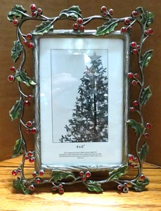 Gemas de marco de fotos de bayas de acebo de Navidad de metal fundido esmaltado 4x6 - Imagen 1 de 10