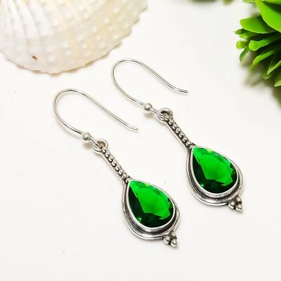 Pendiente de plata de ley 925 con piedras preciosas de diopsido cromado, joyería elegante, para ella Foto 1 de 4