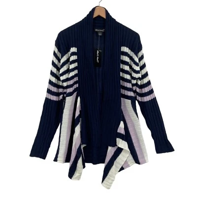 ¿Qué sigue? Cárdigan Suéter Mujer 1X Azul Marino Blanco Rayas Tejido Capas Frente Abierto Foto 1 de 4