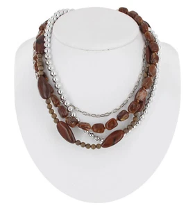 Multistrand Necklace Faux Stone Brown Lucite Bead Chain Silver Tone 19-21.5" - Picture 1 of 4