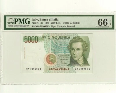 PMG ITALY BANCA d'ITALIA Italian 5000 Lire Pick# 111a 1985 66EPQ Gem Unc 66 EPQ  - Image 1 of 4