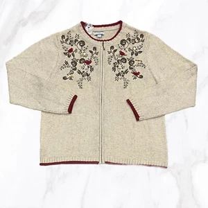 Croft & Barrow Silk Blend Embroidered Cardinal Full-Zip Cardigan, Size L - Picture 1 of 5