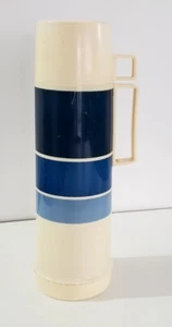 Vintage Large THERMOS Blue Stripe Thermos Quart Qt Narrow Neck w 10oz food jar - Picture 1 of 9
