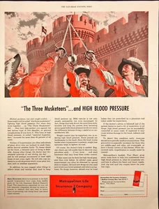 1955 Metropolitan Life Insurance Print Ad Three Musketeers raising Swords Red - Picture 1 of 6