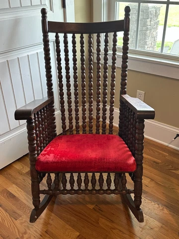 XL Antique Solid Wood Spindle Rocking Chair, Red Velvet Seat Cover