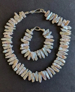 Natural Freshwater Pearl Pink Tone Chain Charm Necklace and Bracelet Set (2pcs) - Picture 1 of 6