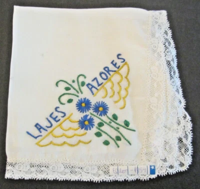 VTG Handkerchief Napkin Lajes Azores Portugal Floral Lace Silk Souvenir 10" - Image 1 of 4