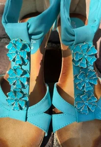 Patrizia Spring Step EU39 Gorgeous Turquoise Wedge Sandals with Flowers - Picture 1 of 7