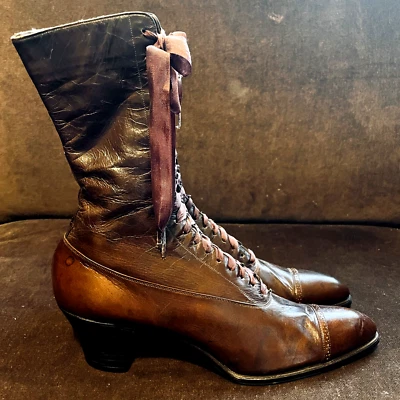 Antique New Vintage Edwardian Women's Selby Leather Lace Up Boots Shoes High Top - Image 1 of 4