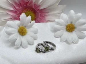 Genuine 925 Sterling Silver Peridot With CZ Inlay Hoop Earrings - Picture 1 of 5