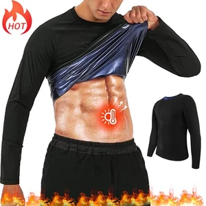 Men's Sauna Shirt Long Sleeve Sweat Suits Waist Trainer Compression Top Workout - Picture 1 of 21