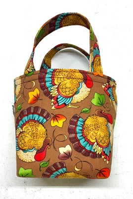 Handmade Fabric Lined Mini Tote Bag/Gift Bag Thanksgiving Turkey Day Brown New - Image 1 of 4