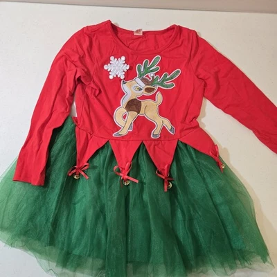Girl's Christmas Holiday Dress Size 6 Reindeer Bells Red Green Tutu Style  - Image 1 of 4
