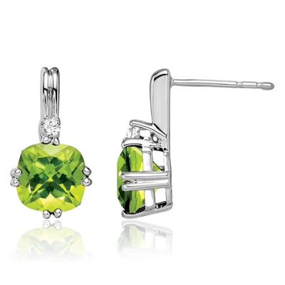 10K Solid White Gold Cushion-Cut Peridot Diamond Dangle Earrings - Image 1 of 4