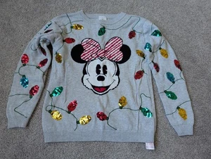 Disney Minnie Mouse Christmas Ugly Sweater Gray Girl's Lights Size 7/8 Sequins - Picture 1 of 3
