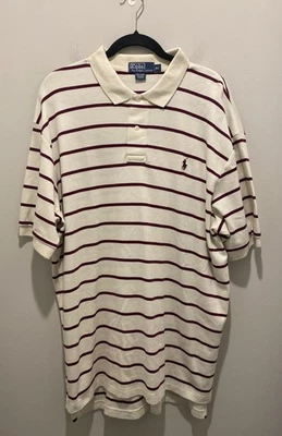 Polo Ralph Lauren Men Sz XL Cream Burgundy Striped Polo Shirt Burgundy Pony Golf - Image 1 of 4