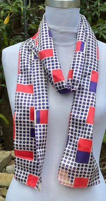 Vintage 60s Mod Pattern Scarf Red White Purple 70in by 10in - Image 1 of 4