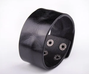 Fashion Men's Retro Wide Band Cowhide Leather Wrap Wristband Bracelet Cuff Black - Picture 1 of 8