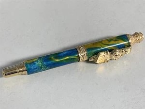 HANDMADE TRAIN GREEN BLUE GOLD SWIRL SPARKLING ACRYLIC ROLLER BALL PEN - Picture 1 of 11