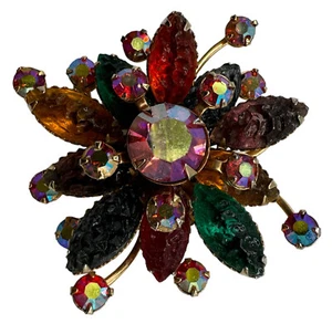 Vintage Lava Stone Leaves Layerd Pin Brooch with AB Accents - Picture 1 of 8