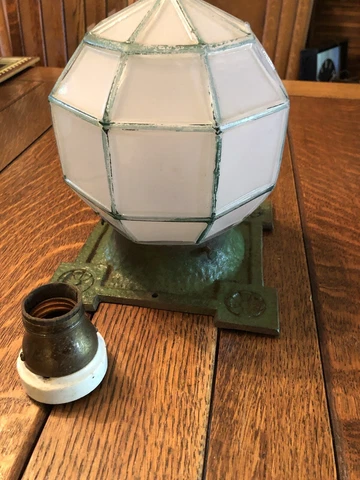 Antique 1920’s-30’s Art Deco Ceiling Porch Light Green Cast Iron Base Cover