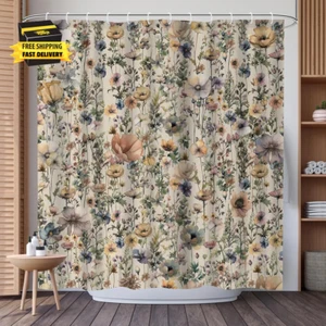 Boho Floral Watercolor Shower Curtain - Elegant Wildflower Botanical Design Bota - Picture 1 of 7