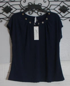 NY Collection Women's Top Size PM Short Sleeve Nacy Blue Round Neck - Picture 1 of 5