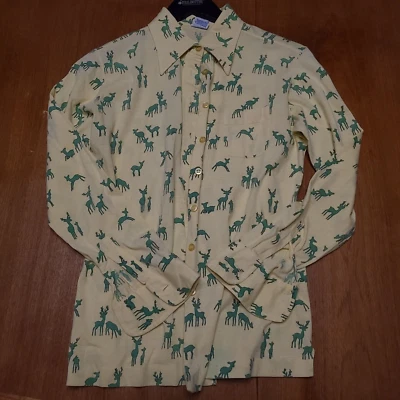 Camisa de franela amarilla pálida vintage años 70 para mujer con patrón de ciervo verde cuello largo Foto 1 de 4