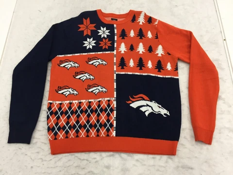 Denver Broncos Ugly Christmas Sweater Mens 2XL Orange Blue Knit Acrylic NFL Logo Cover