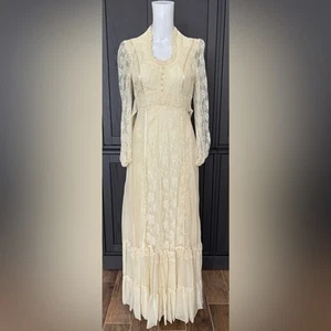 Vintage Union Made Spitze Langarm Maxikleid Prärie Boho Cottagecore Gr. 9/10 - Bild 1 von 16