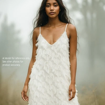 Vestido midi sin mangas con cuello en V y ribete de plumas para mujer M etérico romántico boho Foto 1 de 4