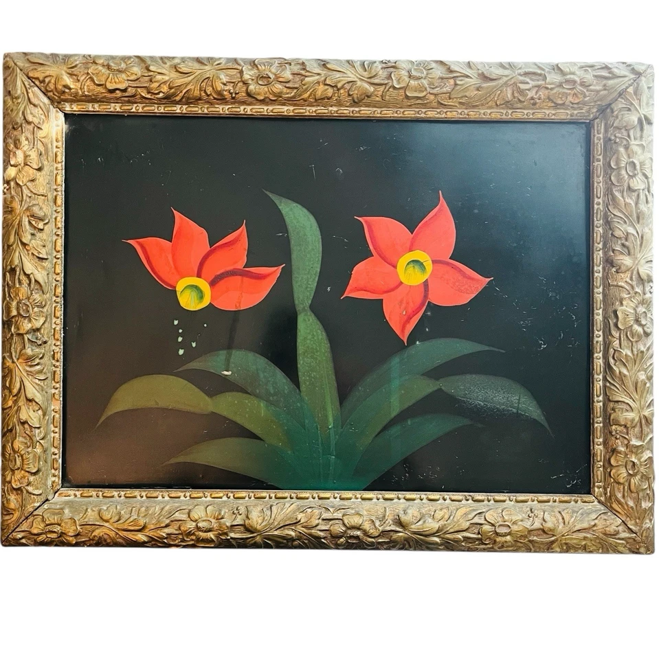 Antigua pintura de arte popular con flores óleo sobre panel de hojalata flores anaranjadas hoja verde Foto 1 de 4