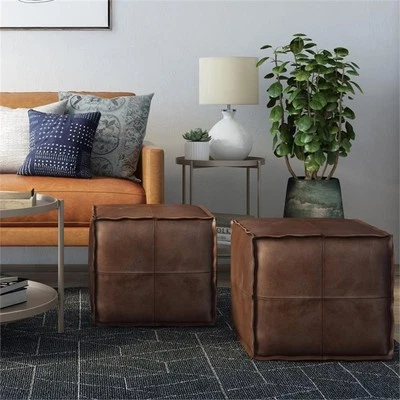 Simpli Home Brody Boho Square Pouf in Distressed Dark Brown Faux Leather - Image 1 of 4