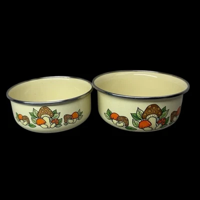 Vintage Merry Mushrooms Two Enamel Metal Nesting Bowls Sears 1970s - No Lids - Image 1 of 4