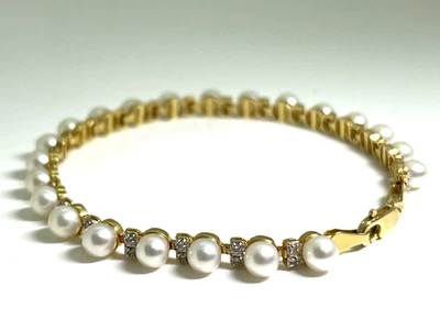 14k Solid Yellow Gold Diamond & Cultured Pearl Bracelet 7" - Image 1 of 4