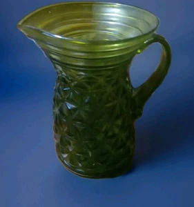 Vtg Pressed Green Glass Pitcher Vase, Imperial Glass With Diamond Pattern 7x5" - Picture 1 of 6