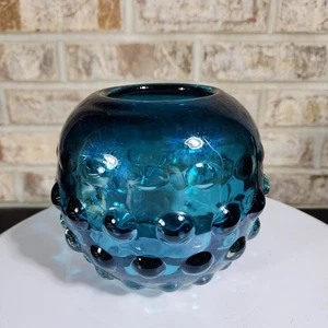 Heavy Teal Blue Handblown Glass Hobnail Globe Candle Holder Vase 5.5" x 4.5" - Picture 1 of 9