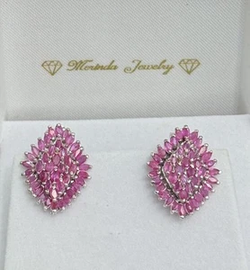 925 Sterling Silver Diamond Shape Omega Back Earrings, Heated Ruby 8.17 Grams - Picture 1 of 5