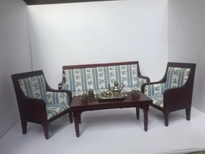 Dolls House Furniture Three-Piece Soft Cushion Suite And Table With Tea Set - Picture 1 of 6