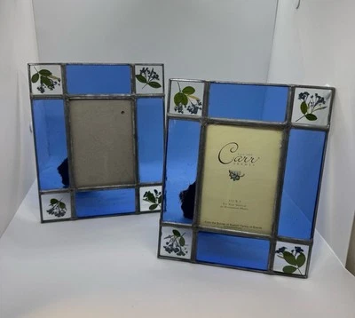 Set Of 2 Carr Stained Glass Picture Frame 3.5x5” Photo Pressed Flowers Blue VTG - Image 1 of 4